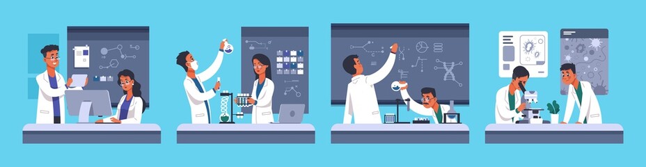 Aufkleber - Scientists. Cartoon lab workers in white coats, chemical medical researchers. Biotechnology and microbiology experiment. People work in modern laboratory with professional equipment, vector concept