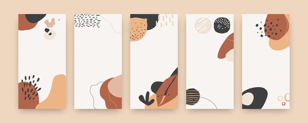 Poster - Abstract shape covers. Cute modern doodle posters with hand drawn beige and brown shapes for social media content, marketing digital post, prints and flyers vector modern vertical banner set templates