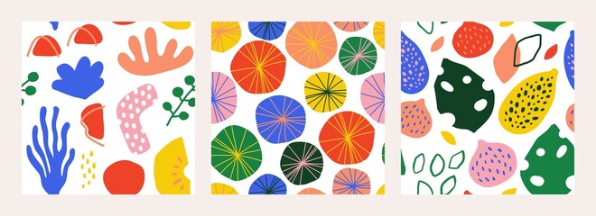 Poster - Abstract doodle pattern. Contemporary seamless hand drawn memphis elements, modern trendy collage for social media post. Round forms on white background. Vector bright colored texture web template