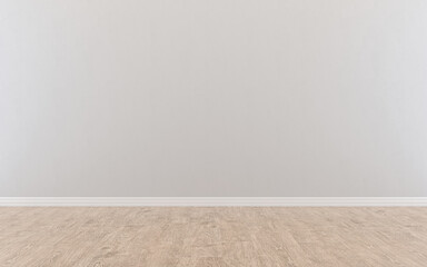 Empty room with parquet fine wood and light grey wall. 3d render