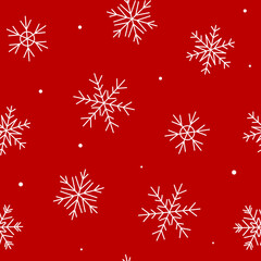 Seamless pattern with white snowflakes on a red - holiday background for Christmas and New Year winter design