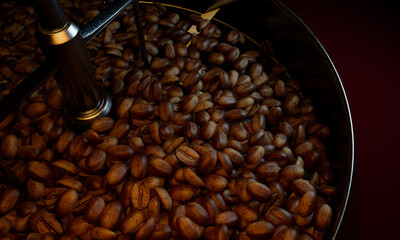 Wall Mural - Fresh coffee beans on a roaster oven. To dry or roast coffee beans. Before being ground into powder To make fresh coffee. 3D Rendering