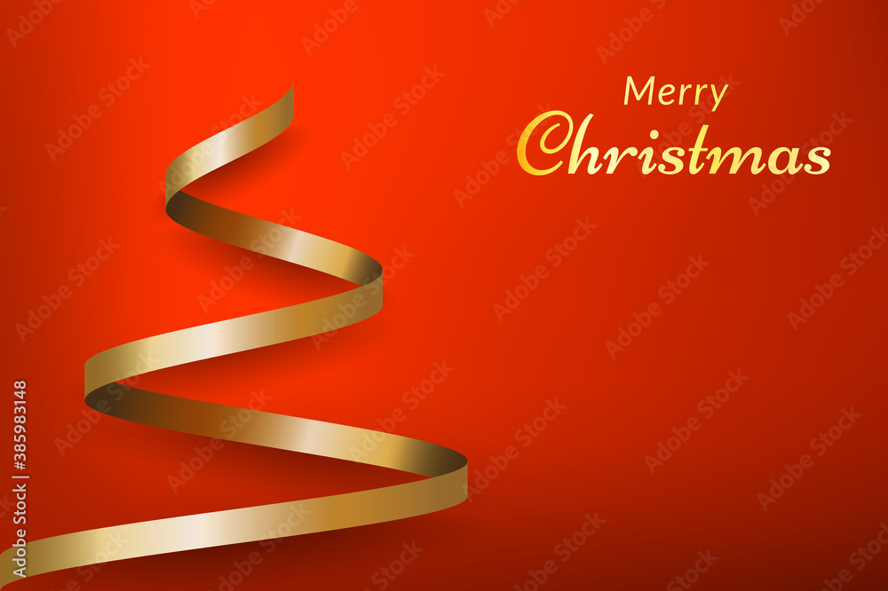 Red Christmas background with tree made of gold ribbon. vector designs ...