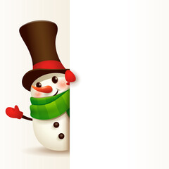 Wall Mural - Cheerful Snowman with big signboard. Wide empty space for design.