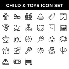 Child And Toys Icon Set Include Robot,car,castle,clothes,carriage,kids,spinning,hanging Toy,balloon,puzzle,rattle,game Boy,baby,feeding,diapers,shirt,saliva,children