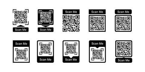 Qr code frame vector set. Scan me phone tag.  Barcode smartphone id icon. Cellphone qrcode banner. Mobile payment and identity white background.