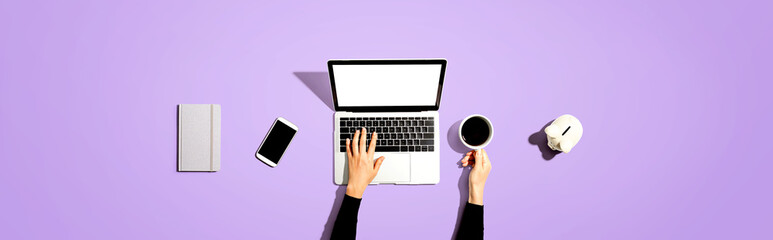 Aufkleber - Person using a laptop computer with a piggy bank - flat lay