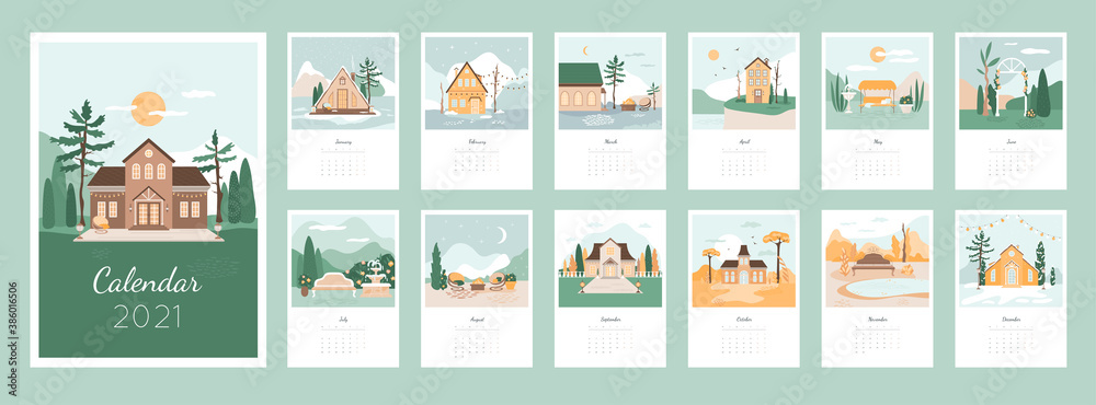 Calendar 2021 design concept with cozy houses and landscapes. Picturesque scenery,  garden, courtyard bundle. Set of 12 months vector illustrations. Cartoon flat beautiful nature, autumn forest. - obrazy, fototapety, plakaty 