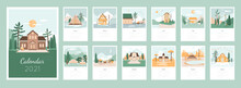 Calendar 2021 Design Concept With Cozy Houses And Landscapes. Picturesque Scenery,  Garden, Courtyard Bundle. Set Of 12 Months Vector Illustrations. Cartoon Flat Beautiful Nature, Autumn Forest.