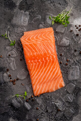 Wall Mural - Fresh natural raw salmon fillet steak on ice a stone background with seasonings and herbs, top view