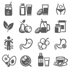  Detox, cleanse bold black silhouette icons set isolated on white. Fruit diet, freshly squeezed juice.
