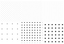 Black And White Seamless Circles, Dots, Speckles Pattern Set. Monochrome Stipple, Stippling, Halftone Background Set. Vector