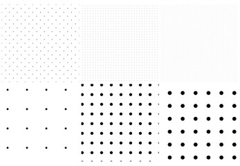 Black and white seamless circles, dots, speckles pattern set. Monochrome stipple, stippling, halftone background set. Vector