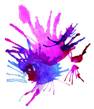 Realistic Burst Of A Vivid Purple And Blue Paints. Abstract Transparent Watercolor Firework. White Background.