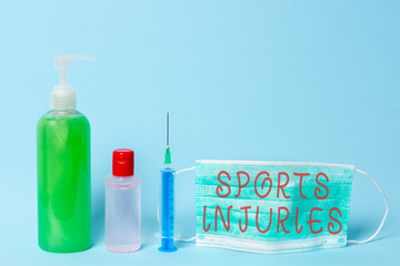 Word writing text Sports Injuries. Business photo showcasing injuries that occur when engaging in sports or exercise Primary medical precautionary equipments for health care protection