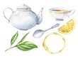 Watercolor tea set with cup, leaves, spoon, lemon, circle stain and teapot on white background. Watercolour food illustration.