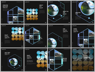 Brochure layout of square format covers templates for square flyer leaflet, brochure design, report, presentation, magazine cover. Abstract smart technology design with hexagons and place for photo.