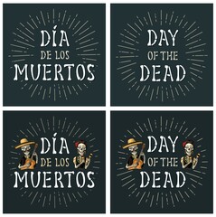 Skeletons with maracas and guitar dressed in Mexican national costumes. Vector engraving