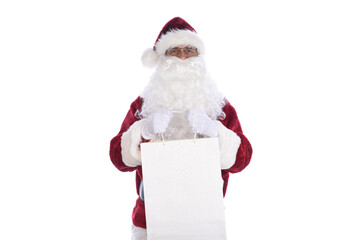 Wall Mural - Senior man wearing a traditional Santa Claus costume holding a large gift bag in both hands.  Isolated on white.