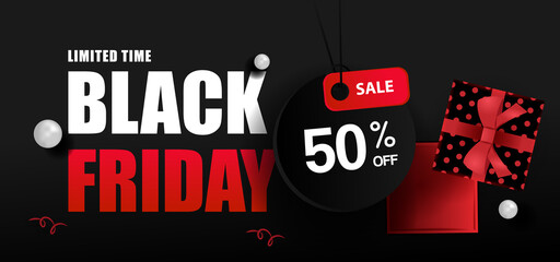 Poster - Black friday sale with open gift box and label background design vector