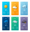 Weather forecast app widgets set. Vector illustration. Daily application template with paper cut climate icons. Thunderstorm, rain, sunny day, fog and winter snow.