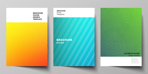 The vector layout of A4 format modern cover mockups design templates for brochure, magazine, flyer, booklet, annual report. Abstract geometric pattern with colorful gradient business background.