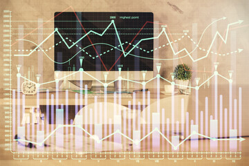 Multi exposure of financial graph drawing and office interior background. Concept of market analysis.