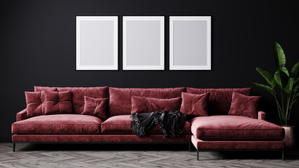 Luxury dark living room interior background, black wall mock up with three frames and red sofa, scandinavian style, 3d rendering