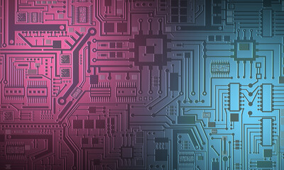 Poster - Pink and blue digital hardware technology. Computer background. Printed circuit Board. The motherboard of the computer. Radio-electronic equipment. PCB concept.