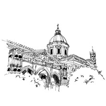 Drawing Sketch Illustration Of Palermo Cathedral, Sicily