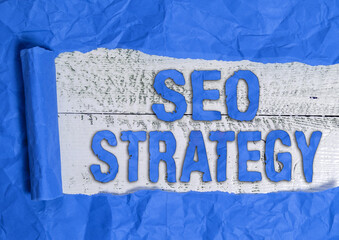 Wall Mural - Text sign showing Seo Strategy. Business photo text Techniques and tactics to increase the visitors of a website Rolled ripped torn cardboard placed above a wooden classic table backdrop