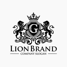 Lion Heraldry Emblem Modern Line Style With A Shield And Crown - Vector Illustration
