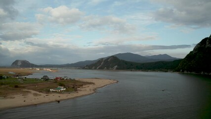 Canvas Print - Aerial view of the landscape with river and mountain views. Nakhodka, Russia