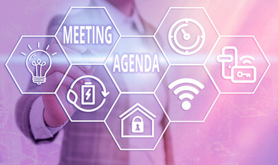 Fototapete - Conceptual hand writing showing Meeting Agenda. Concept meaning items that participants hope to accomplish at a meeting Grids and different icons latest digital technology concept