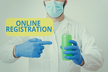 Fototapete - Writing note showing Online Registration. Business concept for System for subscribing or registering via the Internet Laboratory Blood Test Sample Shown For Medical Diagnostic