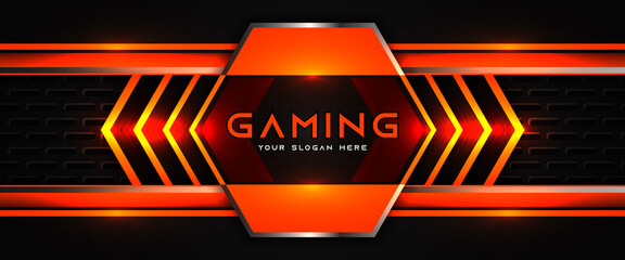 Wall Mural - futuristic orange and black abstract gaming banner design template with metal technology concept. ve