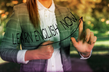 Poster - Writing note showing Learn English Now. Business concept for gain or acquire knowledge and skill of English language Digital arrowhead curve denoting growth development concept