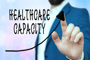 Conceptual hand writing showing Healthcare Capacity. Concept meaning maximum amount of patients provided with the right medical service Digital arrowhead curve denoting growth development concept