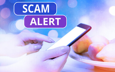 Poster - Conceptual hand writing showing Scam Alert. Concept meaning unsolicited email that claims the prospect of a bargain Modern gadgets white screen under colorful bokeh background