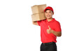 © amenic181 - Asian delivery man in red uniform with parcel cardboard box isolated on white background