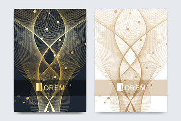Poster - Modern vector template for brochure, Leaflet, flyer, advert, cover, catalog, magazine or annual report in the A4 size. Golden waves. Scientific golden cybernetic dots. Lines flow plexus. Card surface.