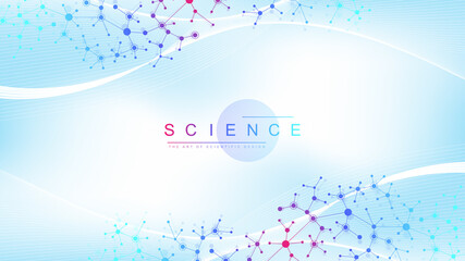 Poster - Big Genomic Data Visualization. DNA helix, DNA strand, DNA Test. CRISPR CAS9 - Genetic engineering. Molecule or atom, neurons. Abstract structure for Science or medical background, banner. Wave flow.