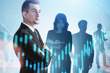 Poster - Businessman and his team in city and graph