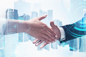 Poster - Man and woman shaking hands, network interface