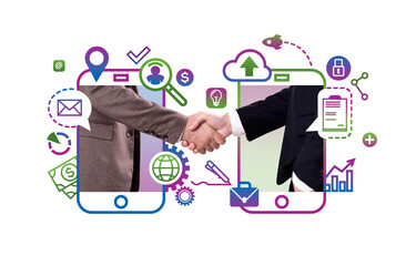 Poster - Two businessmen shaking hands, cloud computing icons