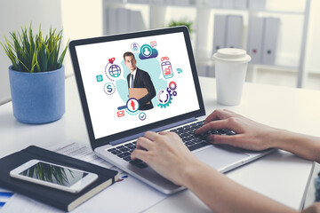 Wall Mural - Woman using laptop, cloud computing interface