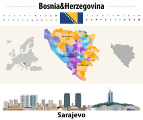 Wall Mural - bosnia and herzegovina municipalities vector map. sarajevo cityscape. flag of bosnia and herzegovina