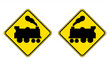 Railway level crossing ahead (right, left) road sign. Vector illustration of warning for a railroad crossing without barrier or gate. Yellow diamond shaped traffic signs with train icon inside.
