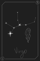 Wall Mural - Virgo horoscope card with constelation, zodiac sign and a patronizing planet. Hand drawn vector illustration on dark background. Taro card.