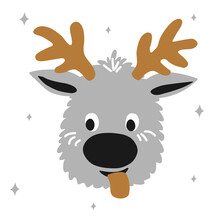 Funny Christmas Deer With Its Tongue Hanging Out On A White Background In Scandinavian Hand Drawn Style - Gold, Silver, Black Colors. Vector Illustration, Square Format For Social Media